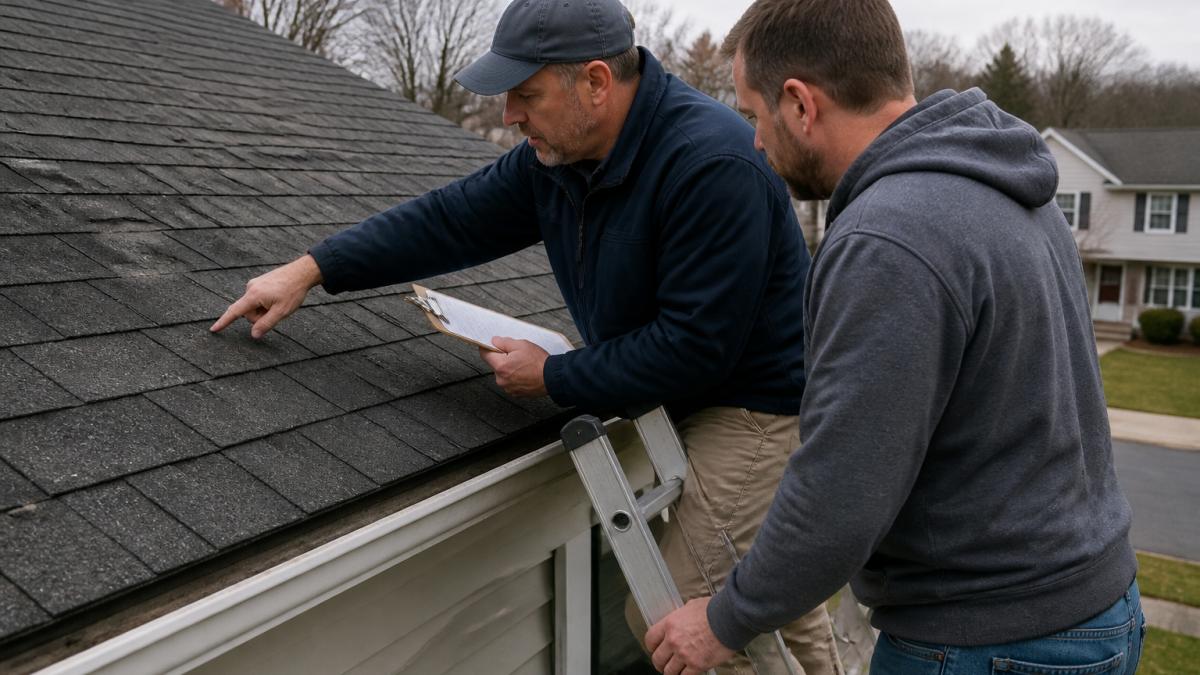 Roofing inspector showing a homeowner a 15 year old roof during a professional inspection.
