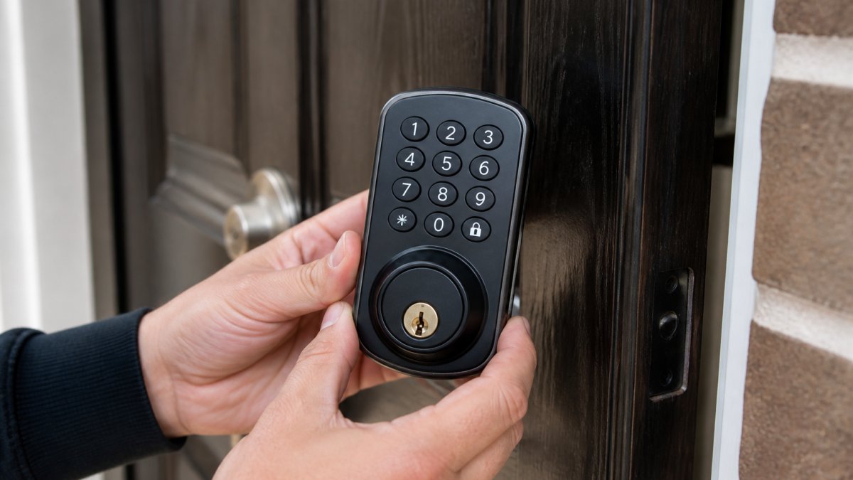Locksmith demonstrating the process to rekey a smart lock by accessing the physical cylinder and digital keypad.