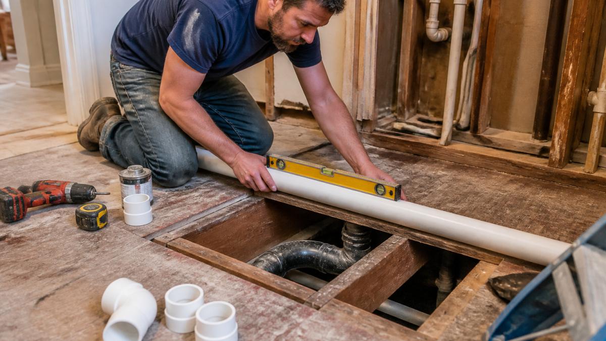 A plumber in work clothes kneeling on an exposed bathroom subfloor, measuring a new PVC drain pipe with a level next to an open floor cavity, tools and fittings nearby
