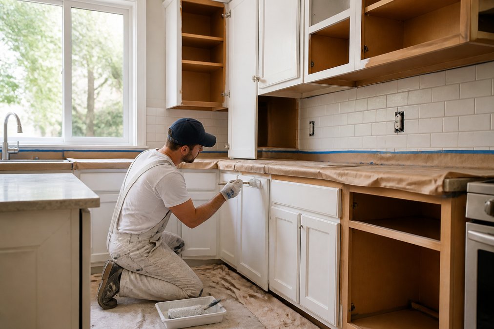 A homeowner in work clothes painting kitchen cabinet doors in a bright kitchen with drop cloths and paint trays visible, natural light coming through a window