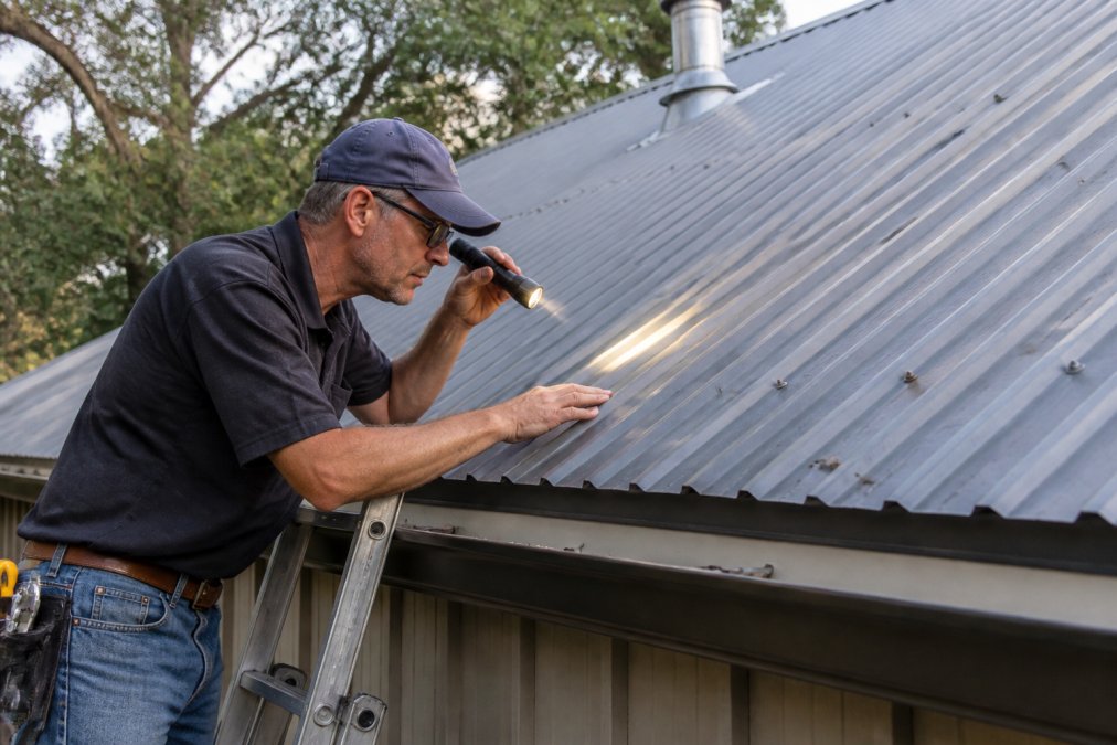Homeowner using a flashlight to inspect fasteners for a metal roof leak while standing on a ladder.