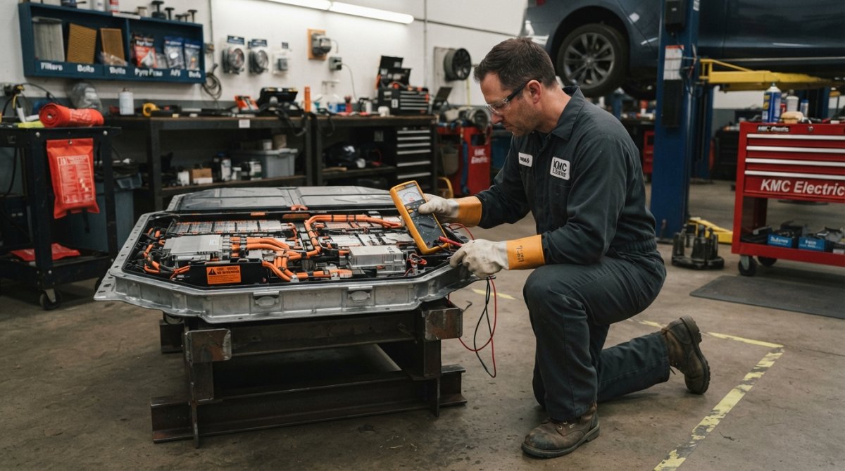 Qualified EV technician in safety equipment performing battery diagnostics on an electric vehicle in a professional workshop setting, with high-voltage testing equipment visible