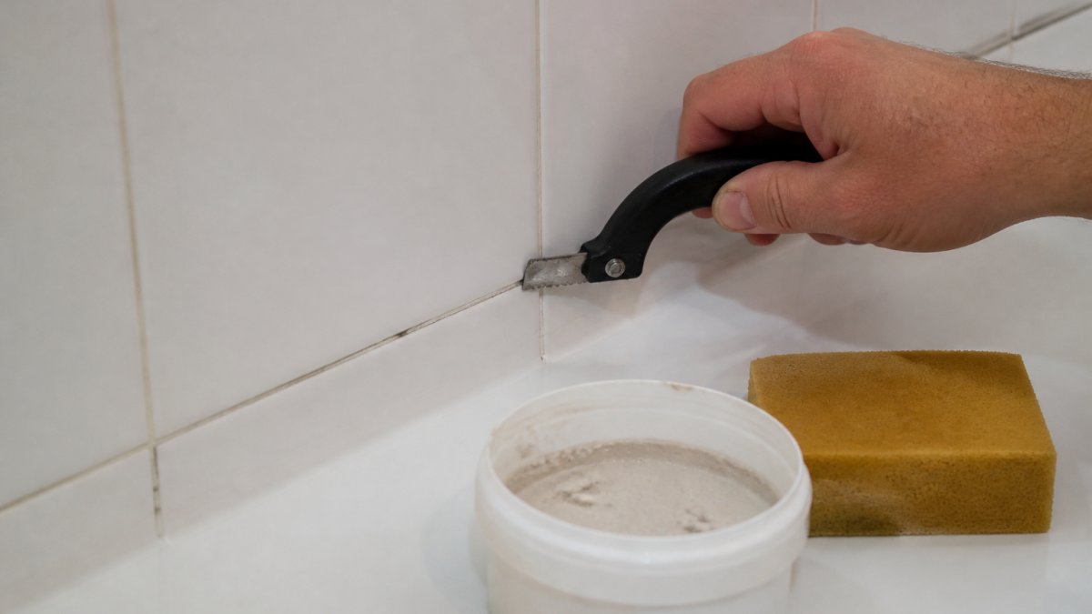 Close-up of a person using a grout saw to clean out a cracked line of grout between white bathroom tiles, with a small tub of grout and a sponge nearby