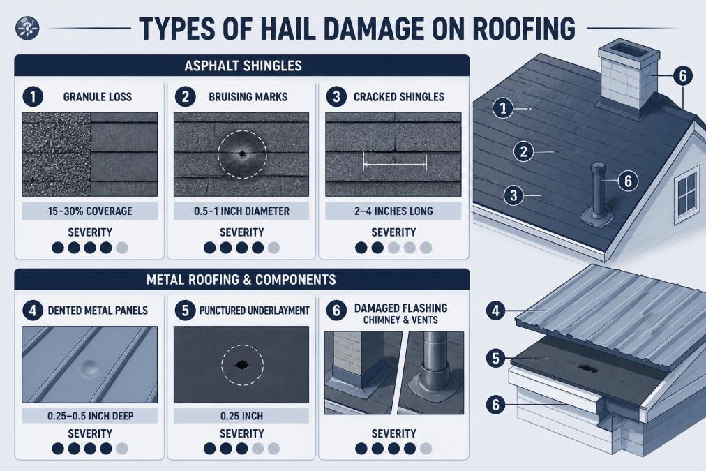 Infographic showing hail damage signs like granule loss, bruising, and dents to help determine if you can restore a roof