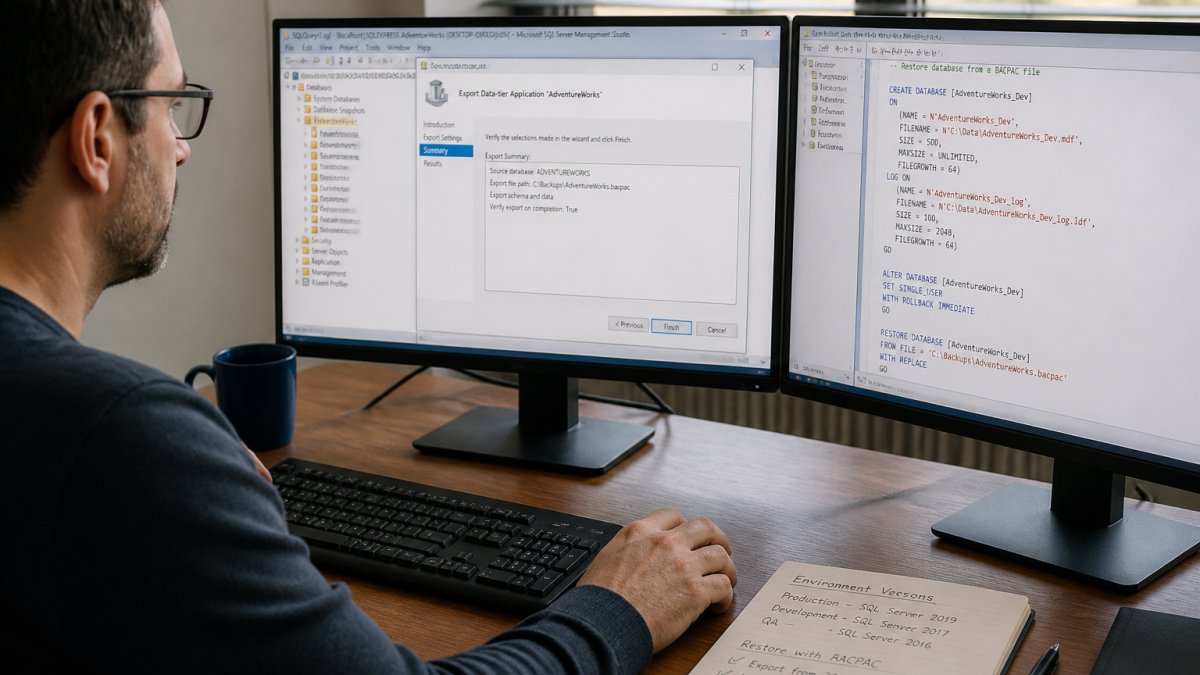 Step-by-step flowchart to restore SQL Server backup to a lower version using the BACPAC export wizard process