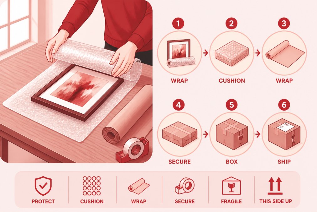 Hands carefully wrapping a framed painting with bubble wrap and kraft paper on a wooden table, showing protective packaging technique with natural window lighting