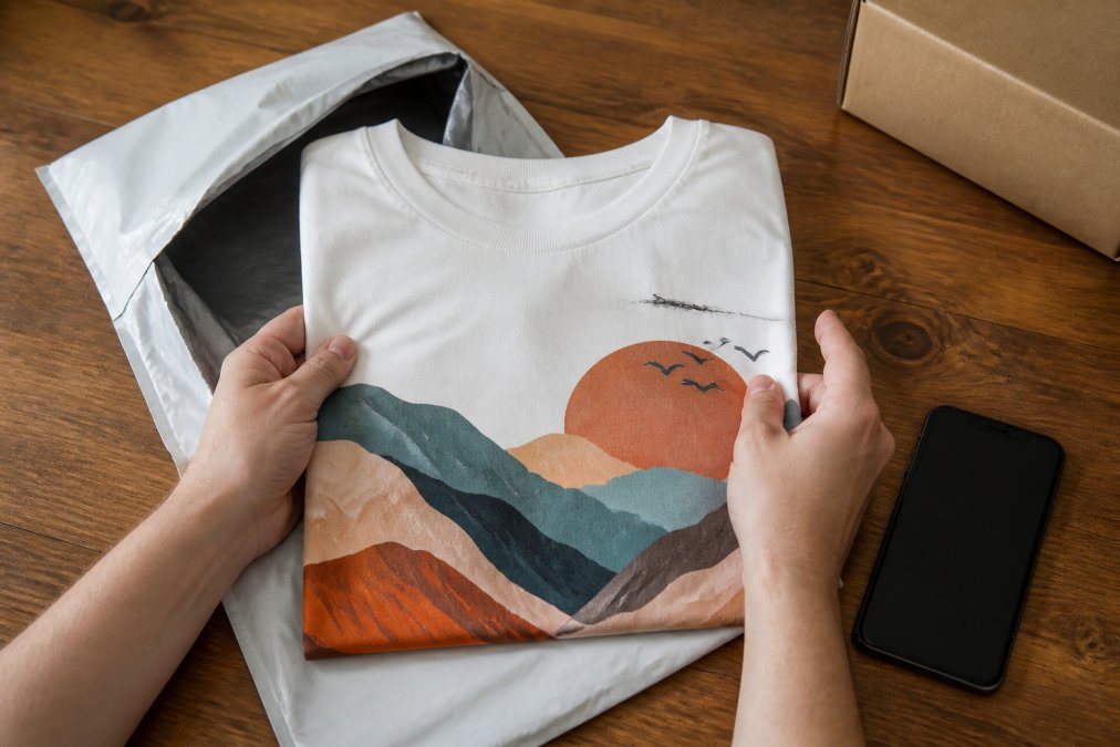 Overhead shot of hands unpacking a folded custom graphic t-shirt from a mailer on a wooden table, with a smartphone nearby ready to photograph a print flaw on the fabric