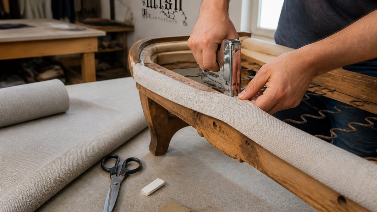 Close-up of hands using a staple gun to attach upholstery fabric to a wooden sofa frame in a bright workshop, with fabric scissors and chalk nearby