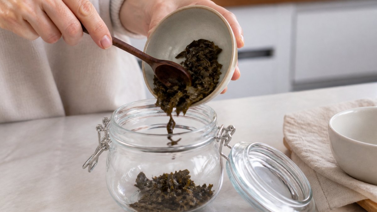 Step-by-step process of transferring wet tea leaves into a glass airtight container for safe storage