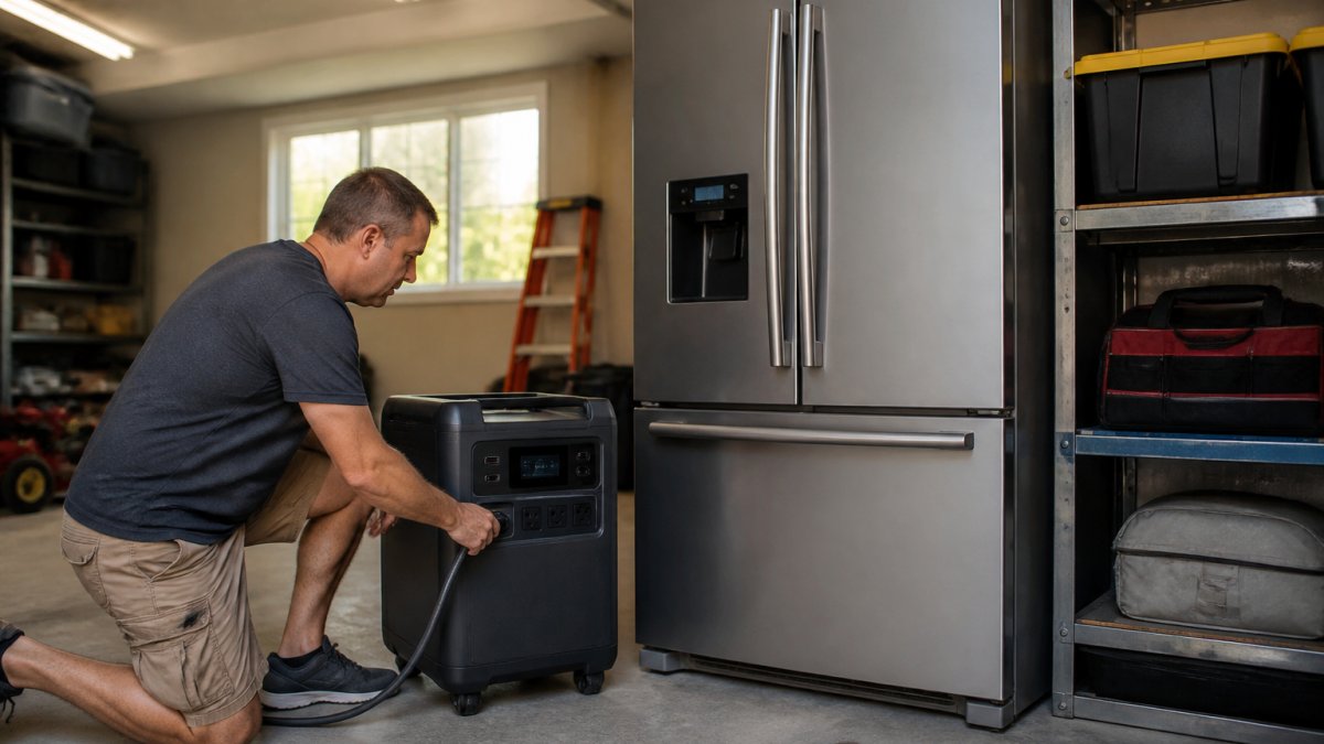 Homeowner plugging a refrigerator into a portable power station to see if you can run a refrigerator on it.