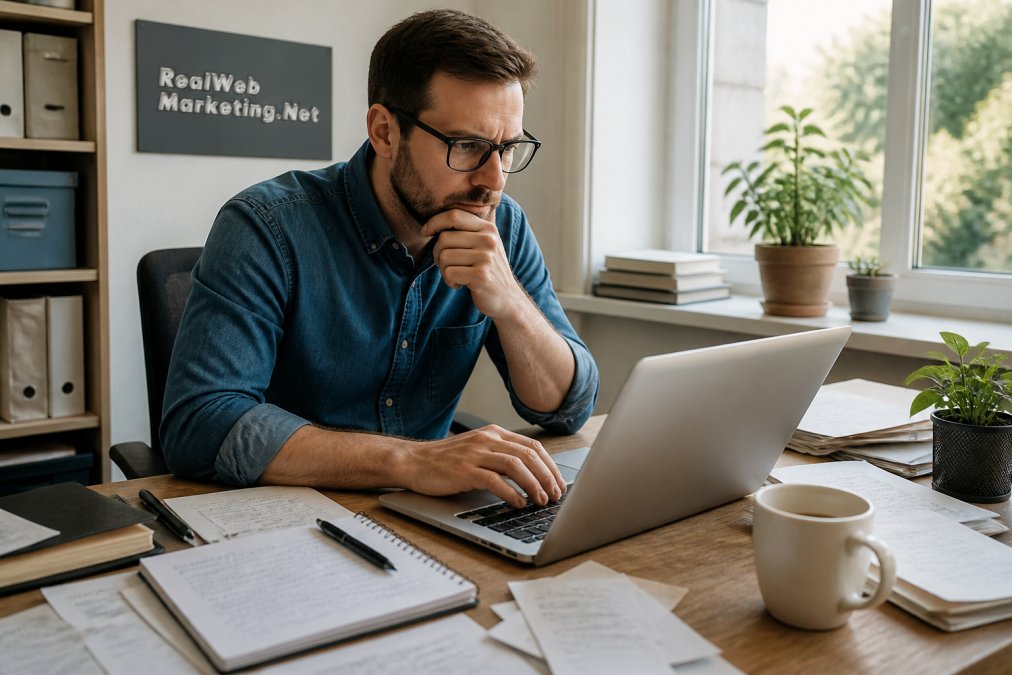 A small business owner at a cluttered desk reviewing Google Ads performance on a laptop, with a notebook and coffee cup nearby, natural window light