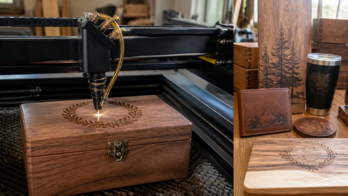 Laser machine performing custom engraving on a wooden gift box in a bright workshop with finished items nearby.