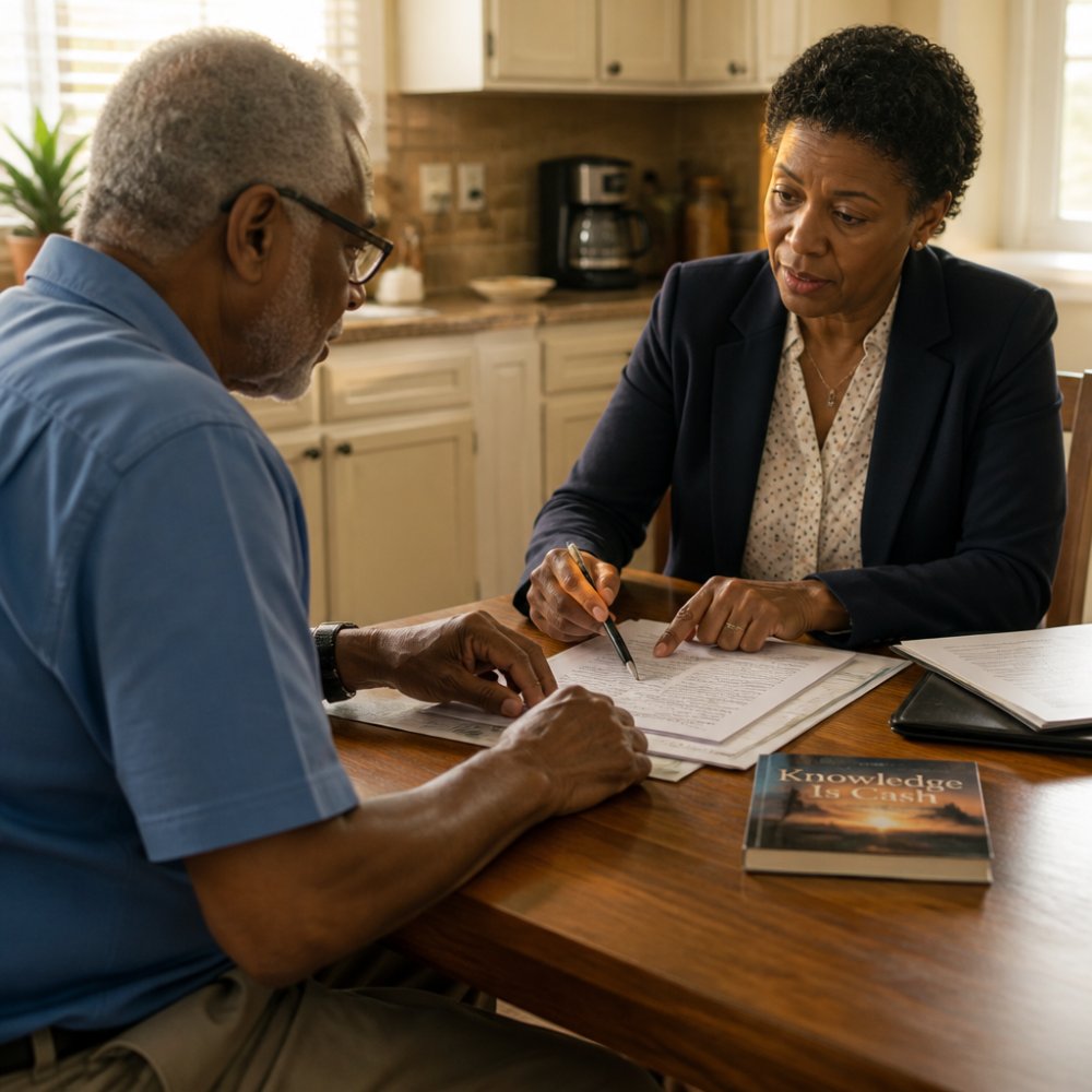 Senior adult meeting with a financial advisor at a desk, reviewing policy documents and discussing options in a professional office setting