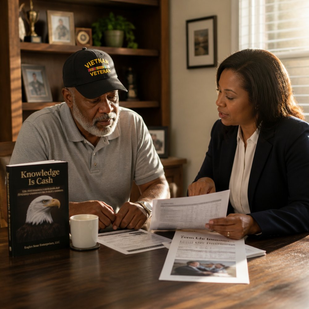 Retired military veteran reviewing life insurance documents at a desk with a professional advisor, discussing policy options in a bright office setting