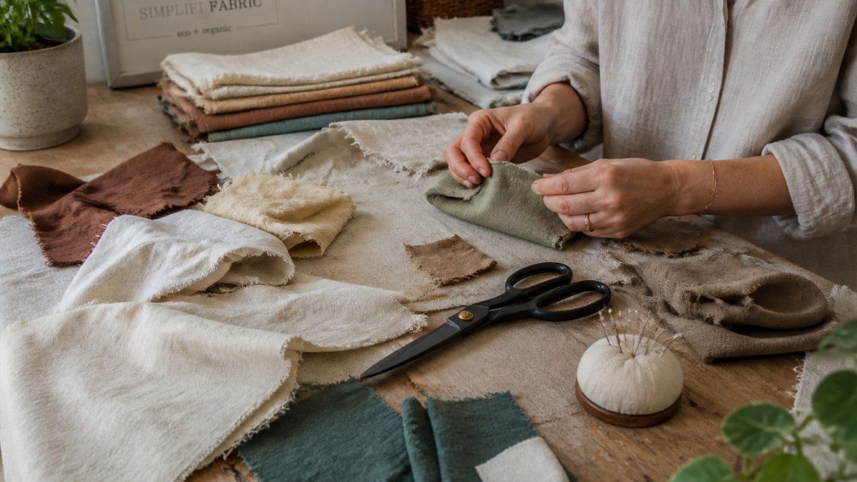 A sewing table covered in fabric offcuts of linen and cotton in earth tones, with a maker's hands folding a scrap into a small pouch beside a pair of fabric shears and a pincushion