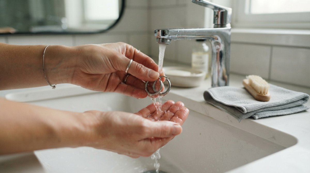 Hands rinsing stainless steel hoop earrings under running water with a cleaning cloth and brush nearby.