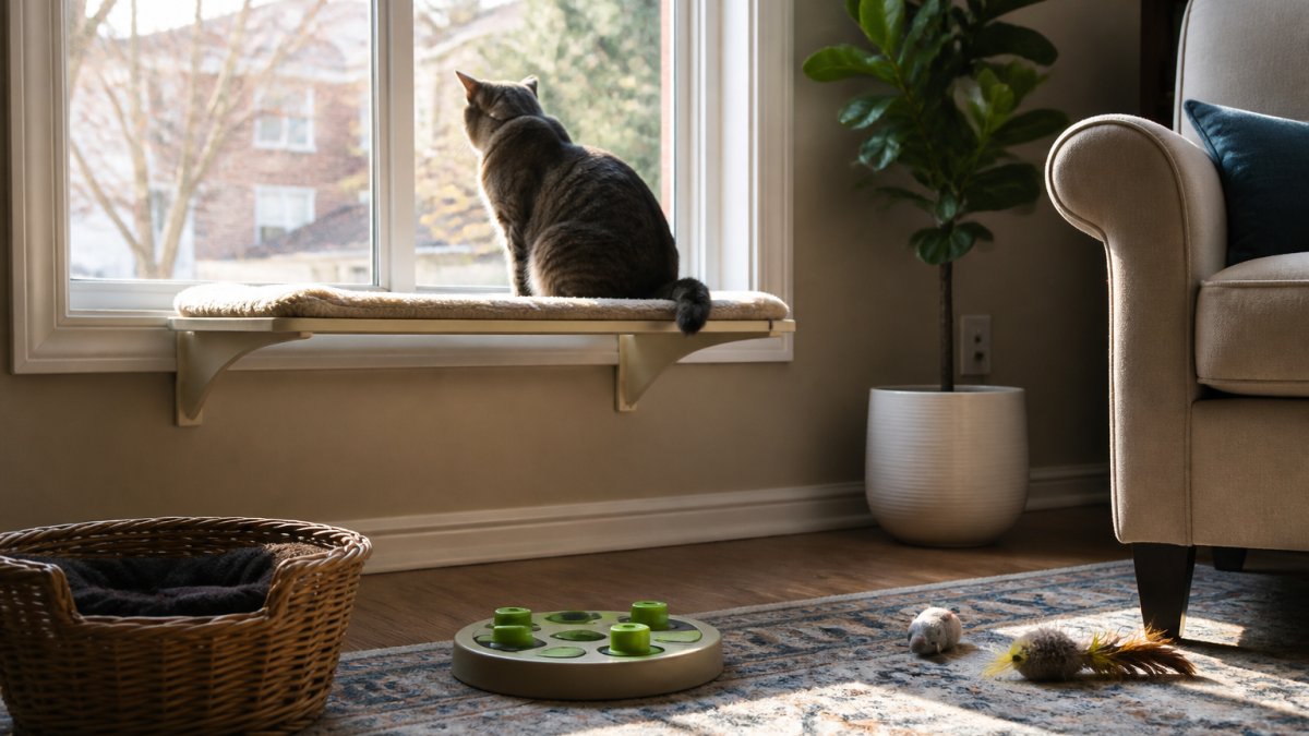 A cat perched on a window perch watching birds outside, with a puzzle feeder and a few toys visible on the floor of a bright living room