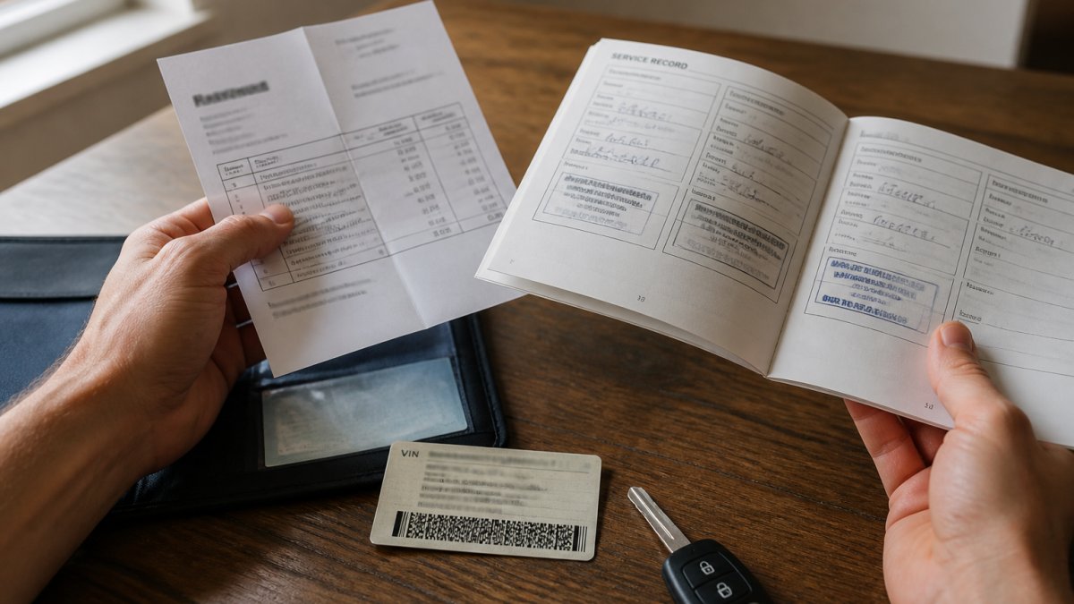 Close-up of a person's hands comparing a paper service receipt and a vehicle service book on a wooden table, with a VIN visible on a registration card nearby, soft window light