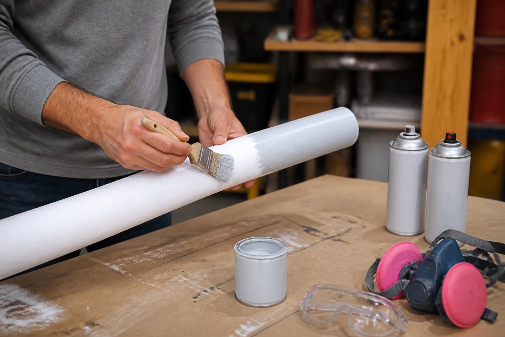 Hands applying primer to a white pool noodle before you spray paint pool noodles in a workshop