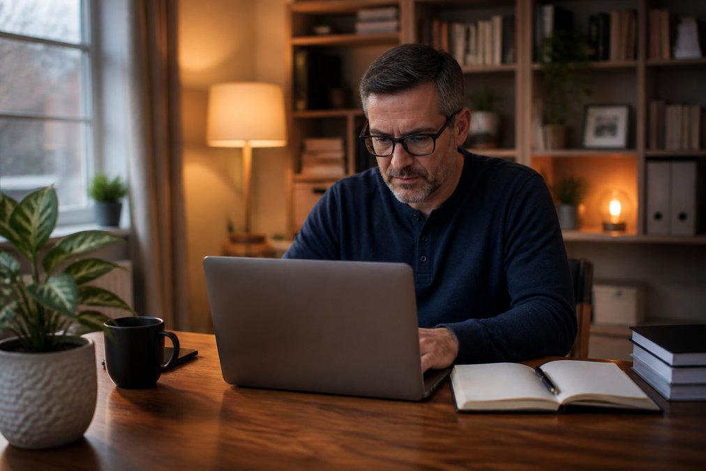 A person in their 40s working on a laptop at a home desk in the evening, with a coffee mug and notebook, looking focused and relaxed in a cozy home office setting