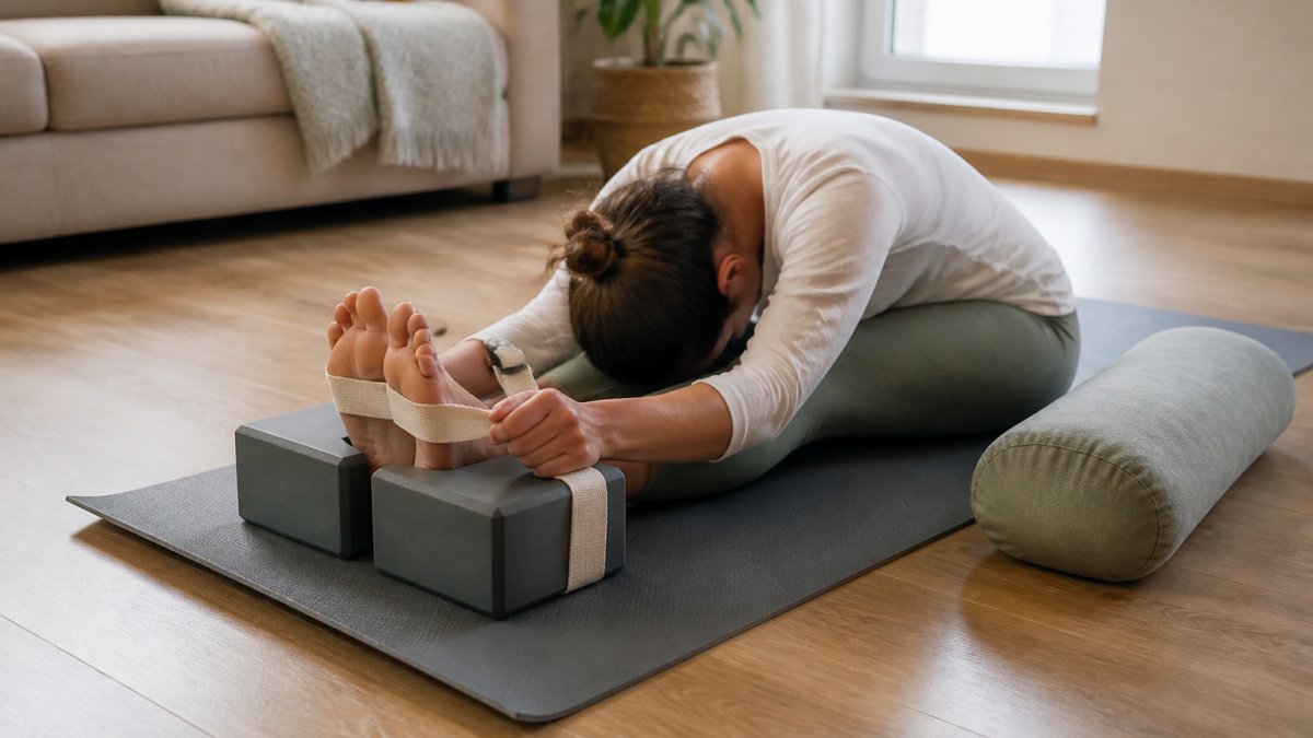 Person using foam blocks and a strap to support a gentle forward fold on a yoga mat in a bright living room