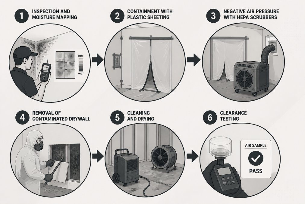 Flowchart showing mold remediation steps: 1. Inspection and moisture mapping, 2. Containment with plastic sheeting, 3. Negative air pressure with HEPA scrubbers, 4. Removal of contaminated drywall, 5. :::warning A common mistake is running your central air conditioning during remediation. If the HVAC system is not sealed off, it can pull spores from the work zone and spread them through every room. Turn the system off or isolate the returns before work begins. ::: ## When to Leave a House with Mold Leave the house during [mold remediation