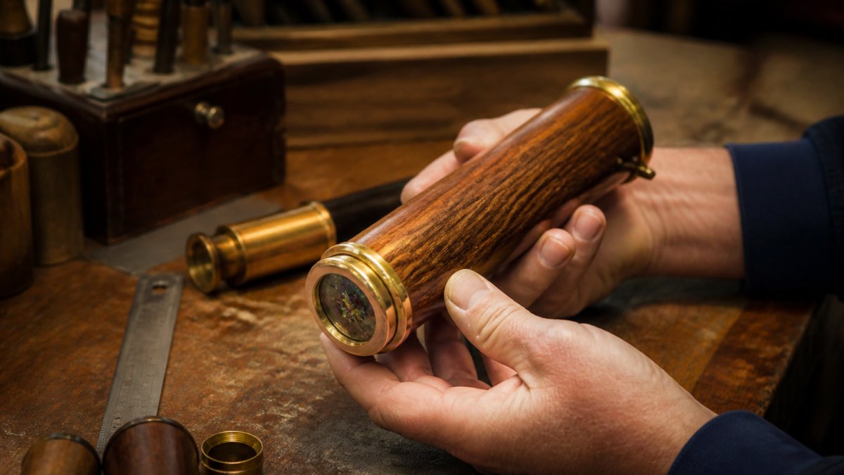 Close-up of hands holding a handcrafted wooden kaleidoscope, warm indoor lighting catching the wood grain and brass fittings against a workbench
