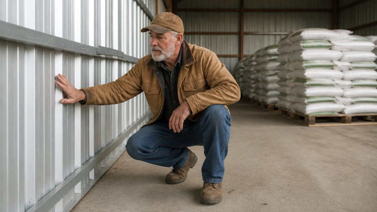 Close-up of a farmer inspecting the interior wall and floor of a galvanized steel storage building, with pallets of bagged fertilizer stacked on a concrete floor in the background