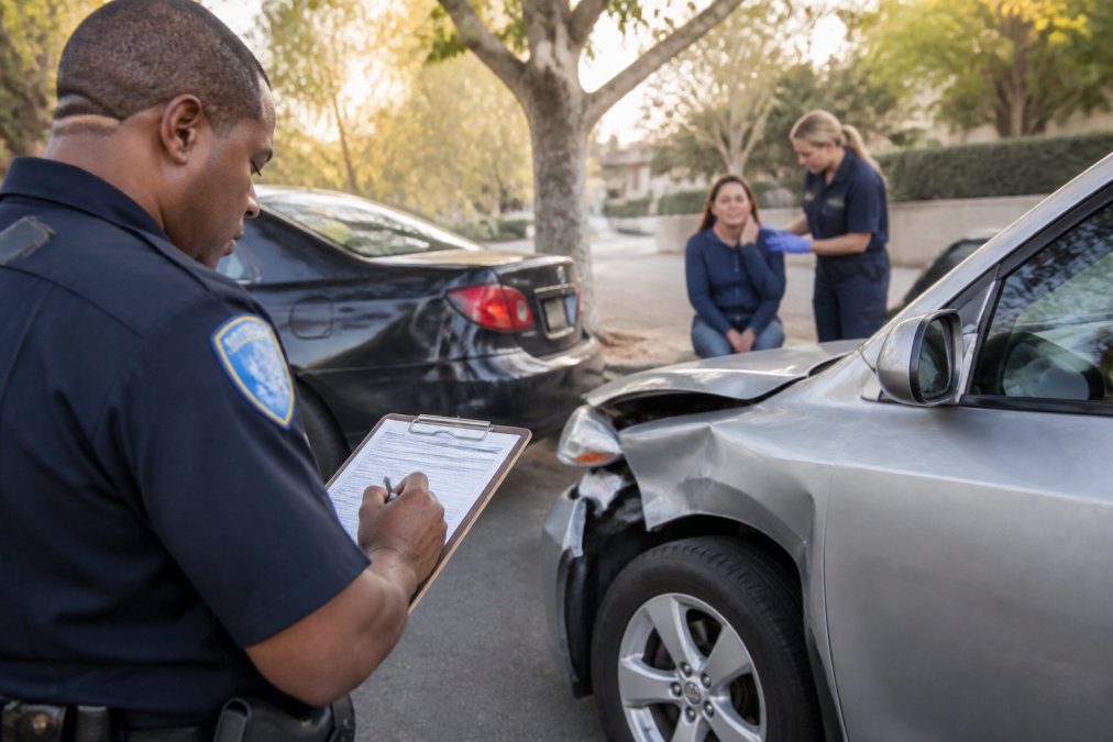 Police officer documenting accident scene with notebook, photographing vehicle damage, injured person receiving care from medical professional in background