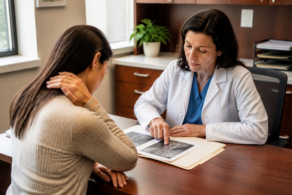 Patient sitting at a medical office desk with healthcare provider reviewing medical records and treatment documentation, natural office lighting