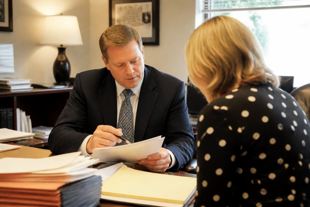 Attorney reviewing case files and accident reports at desk with organized folders and legal documents, professional office lighting