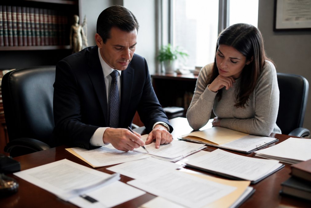 Attorney and client in a law office discussing case files and documents related to civil rights litigation, with papers spread across desk and computer displaying legal research