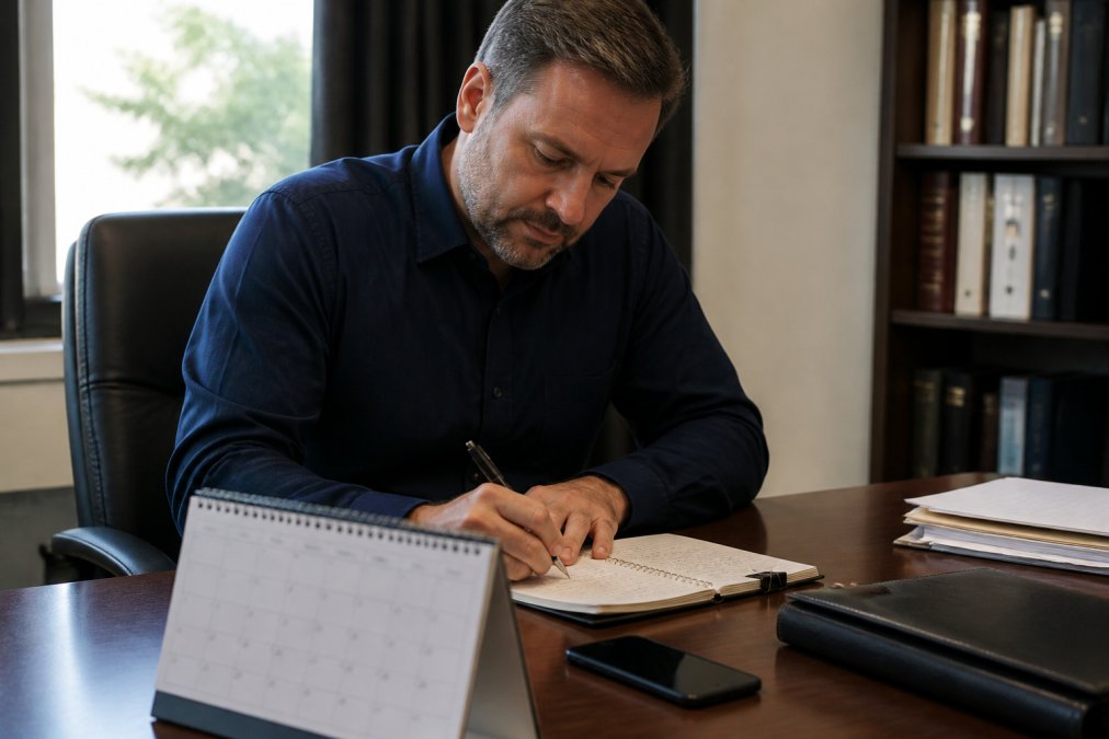 Person sitting at a desk with a notepad and pen, documenting details of a police encounter, with a calendar and phone visible on the desk, natural office lighting from a window