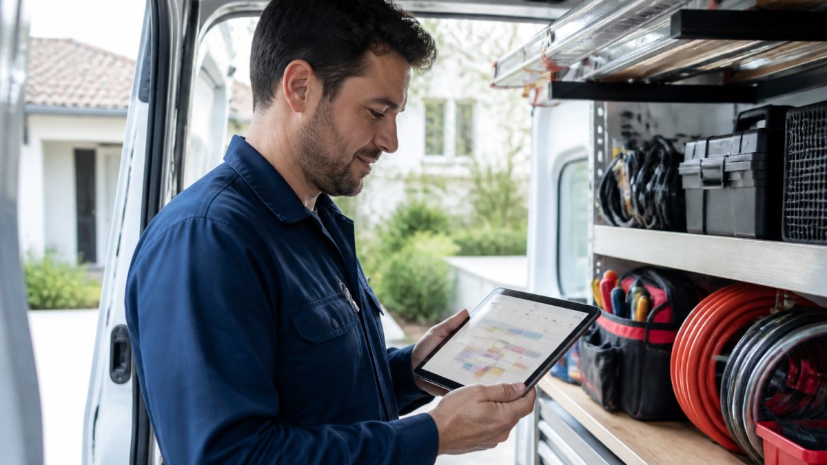 A tradesperson in a clean uniform looking at a tablet showing a calendar with booked jobs, standing in a well-lit home service van, natural daylight through the open door