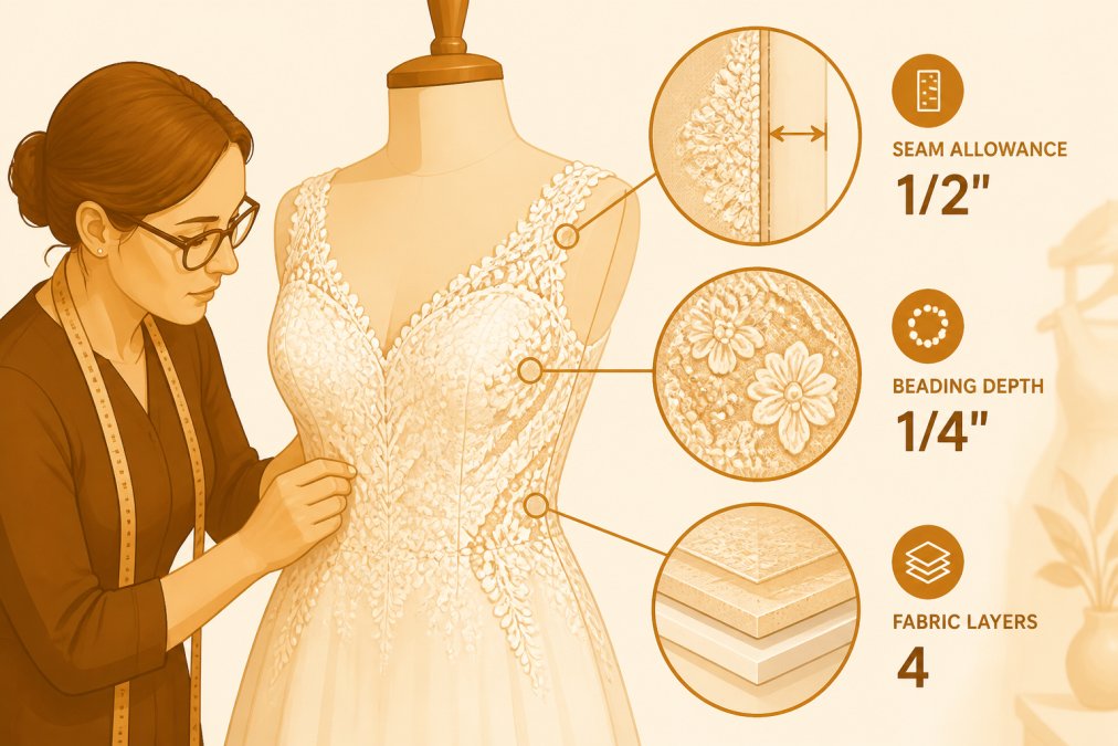 Professional seamstress examining the seam allowance and beading detail on a white wedding dress bodice, showing intricate lace construction and multiple fabric layers under bright fitting room lighting