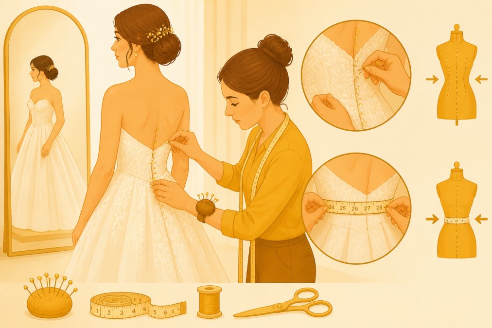 Professional tailor at work in a bright fitting room, carefully pinning and measuring a bride wearing a wedding dress, showing the precision, hand placement, and attention to detail involved in professional alterations