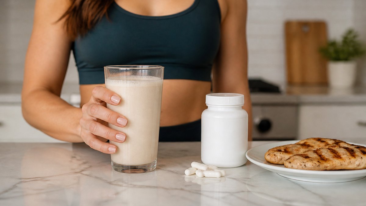Person holding a glass of protein shake with collagen peptides next to a bottle of supplement capsules and a plate with grilled chicken on a kitchen counter