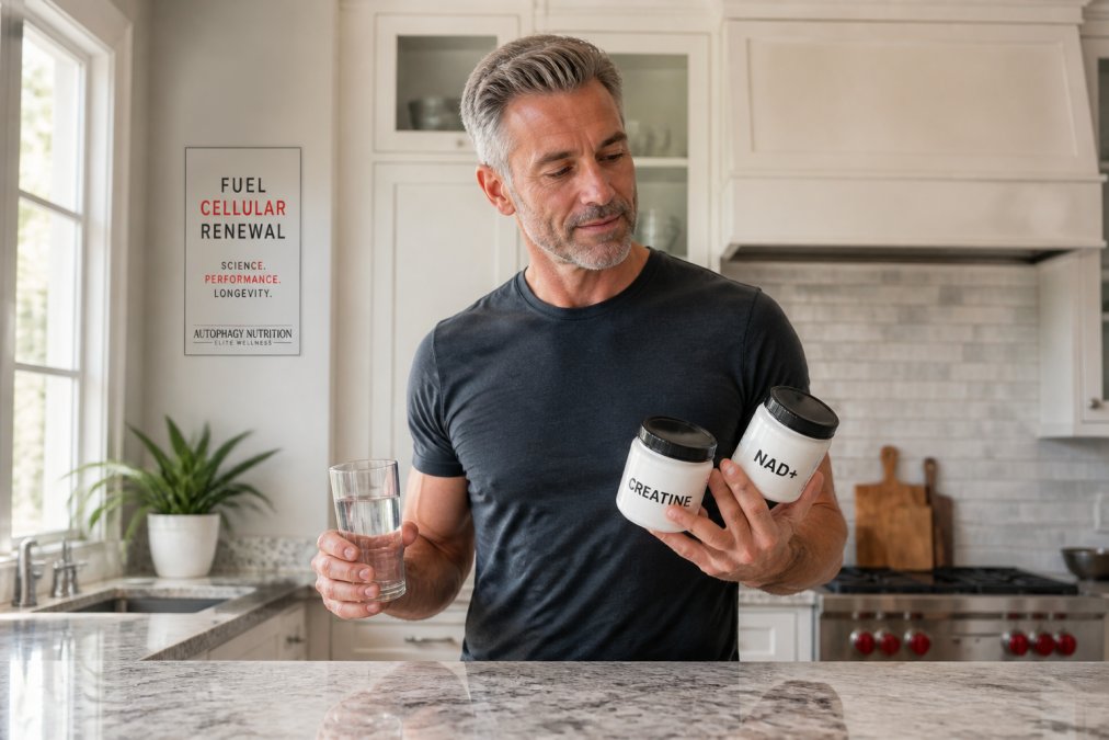 Person in a bright kitchen comparing supplement labels of NAD and creatine while holding a glass of water