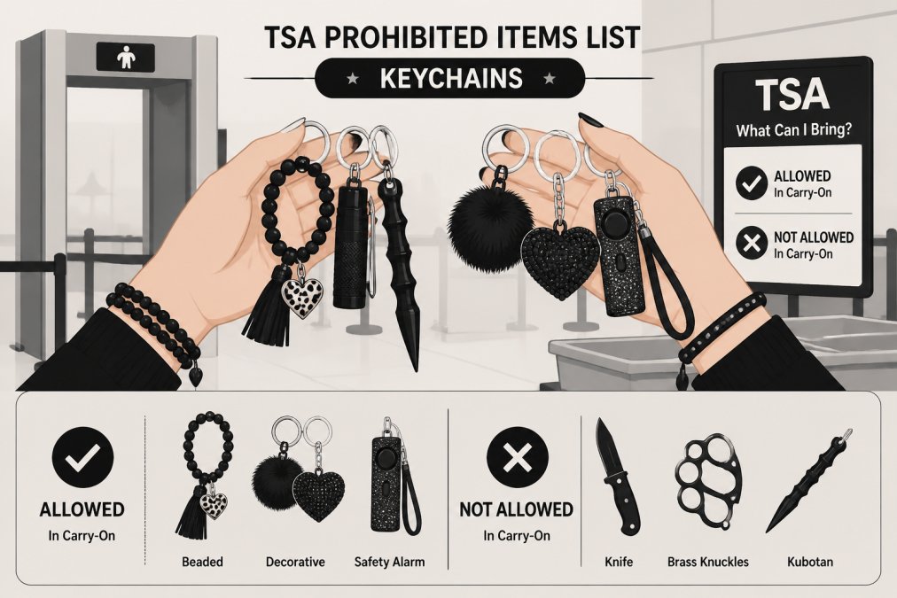 Woman's hands holding various keychain styles at an airport security checkpoint, with metal detectors and TSA signage visible in the background, showing different designs including beaded, metallic, and decorative options