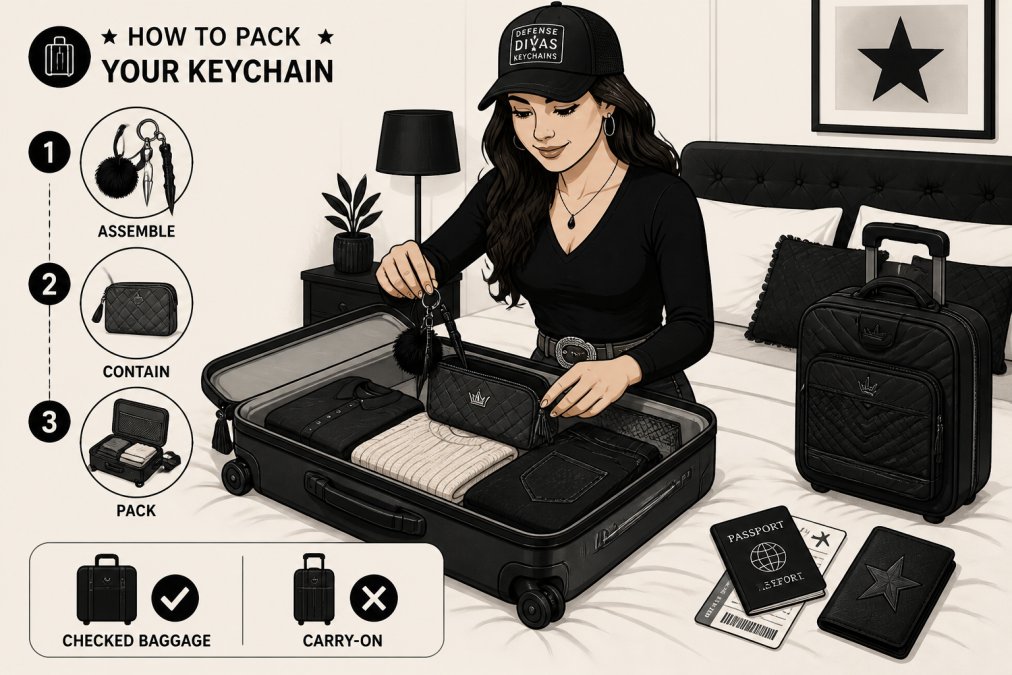 Woman packing a stylish keychain into checked luggage on a bed, with a carry-on bag and travel documents nearby, showing practical packing preparation and organization
