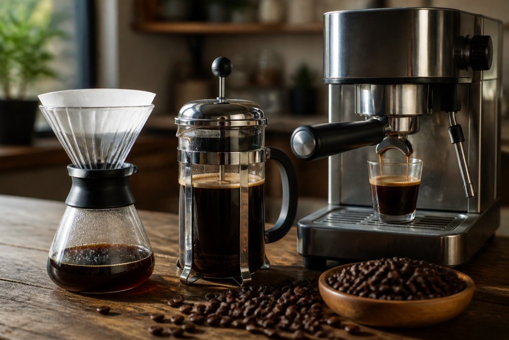 A selection of different brewing equipment arranged on a wooden surface, including pour-over dripper, French press, and espresso machine with freshly roasted coffee beans scattered nearby