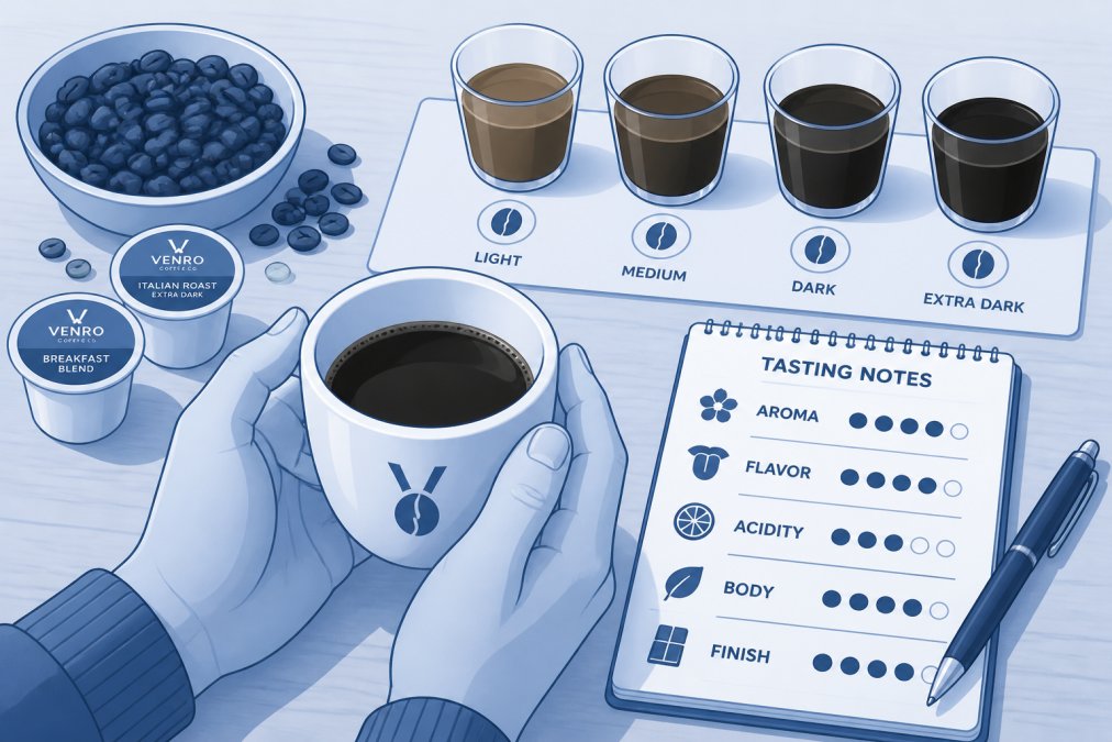 Close-up of hands holding a white coffee cup during a tasting session, with coffee beans and tasting notes written on paper visible on a wooden table nearby