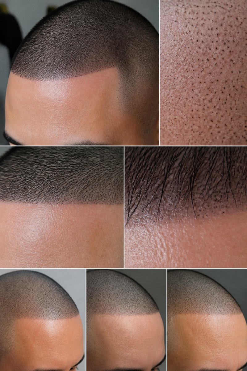 Close-up of scalp showing micropigmentation dots at various magnification levels, demonstrating hairline blending with natural hair under different lighting conditions