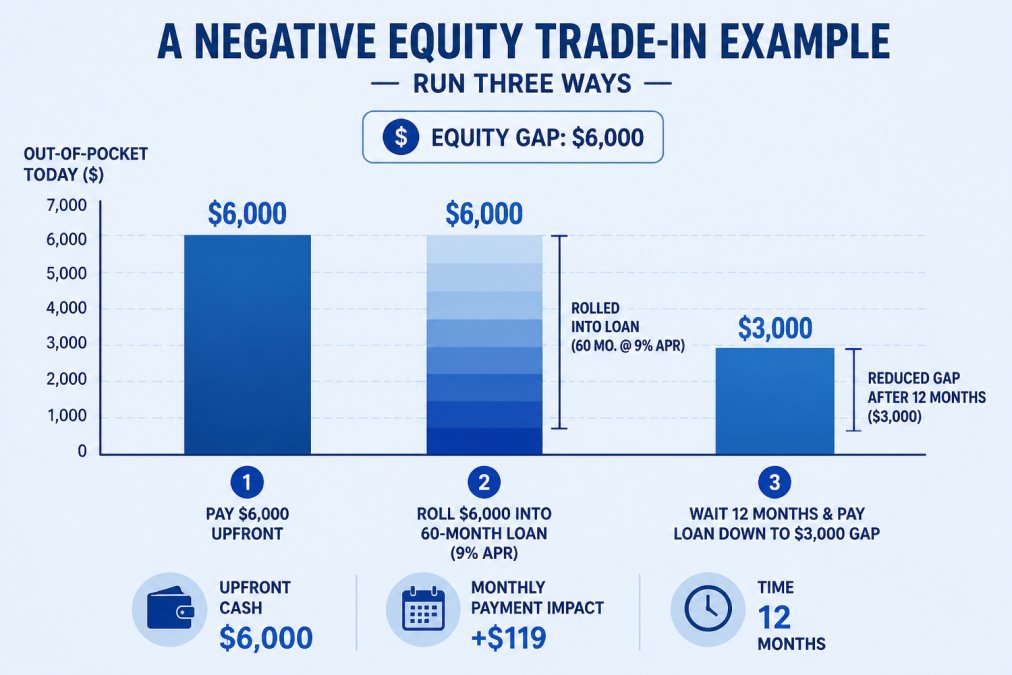 Bar chart comparing three paths for a $6,000 equity gap: pay $6,000 upfront, roll $6,000 into a 60-month loan at 9% APR, or wait 12 months and pay the loan down to a $3,000 gap