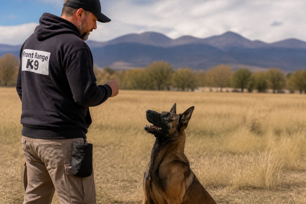 Adult dog focused and engaged during training session with handler in outdoor setting, showing attentiveness and body language indicating readiness to learn