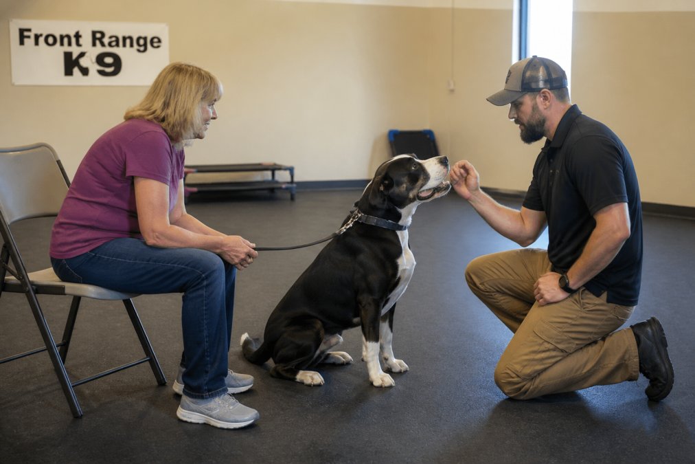Professional dog trainer working one-on-one with adult dog and owner during private session, demonstrating instruction and interaction