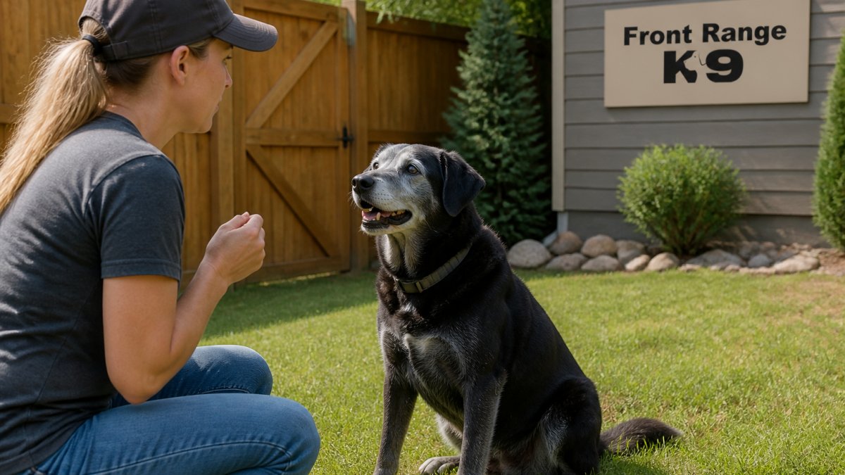 An older dog with gray around the muzzle sitting attentively beside its owner in a grassy backyard, both looking calm and engaged during a short training session