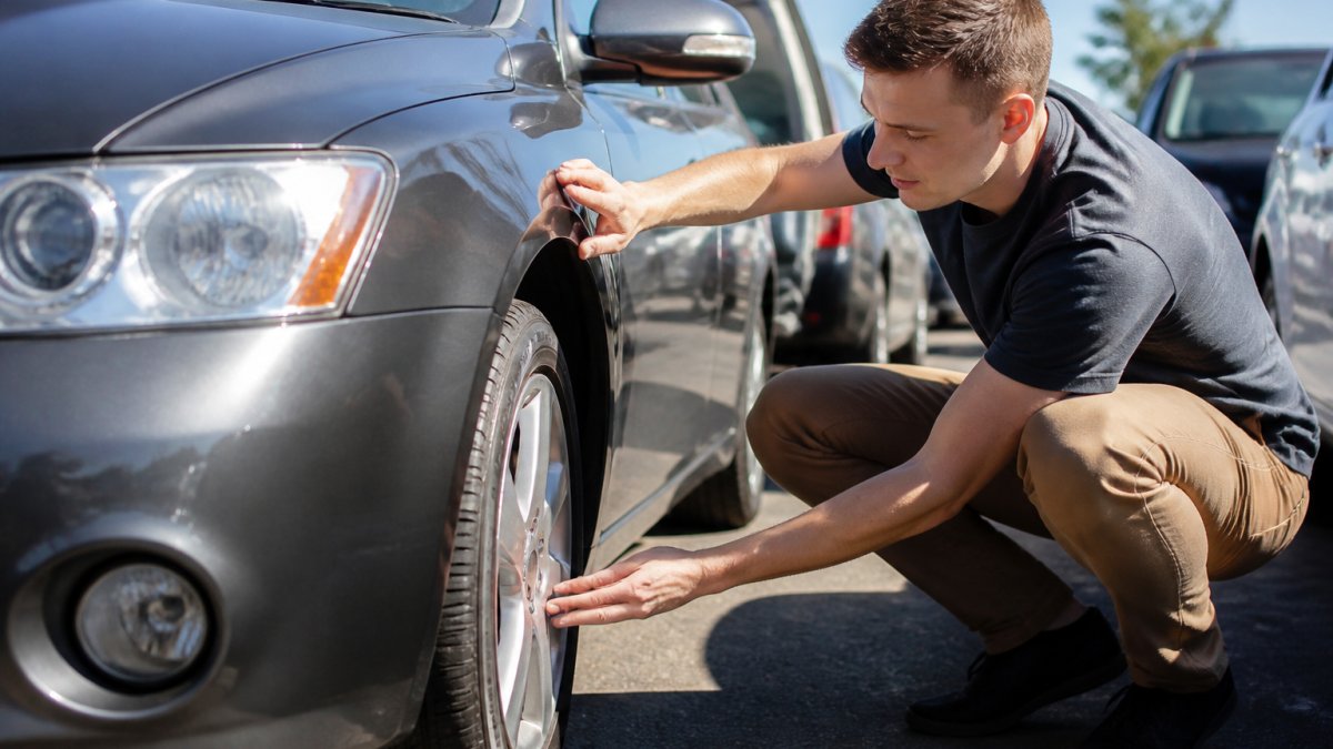 Person in casual clothing inspecting the exterior of a used sedan, checking the tires and body condition in bright daylight with focus on their hands examining the vehicle