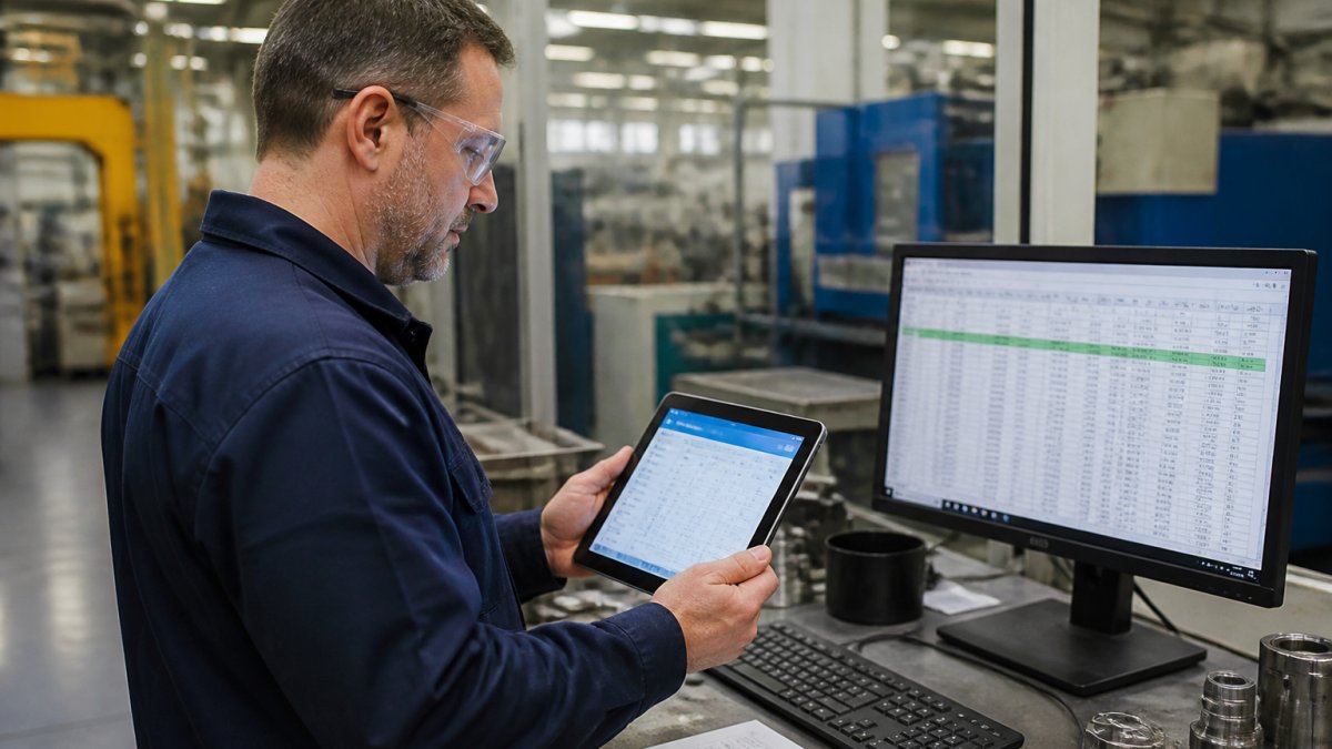 Production supervisor using a tablet app next to a desktop monitor displaying manufacturing spreadsheets.