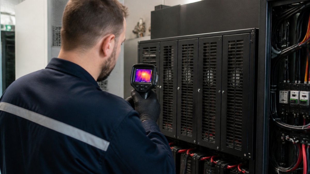 Technician using a thermal camera to monitor heat levels on a battery unit in a data center
